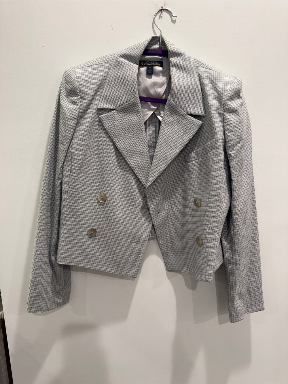 Brooks Brothers Gray Checked Double-Breasted Cropped Blazer